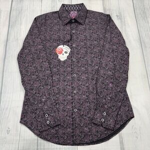 NWT Robert Graham Briggs Button Shirt S Wine Flip Cuff Floral Skull‎ Mens $198